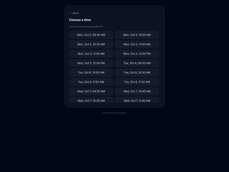 The Chatydesk booking widget's time-slot picker, showing the visitor's own timezone