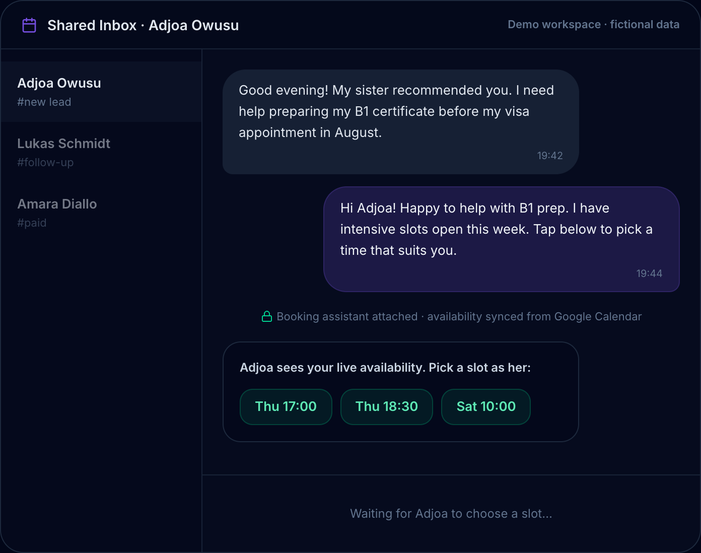 Chatydesk offering open time slots, synced from Google Calendar, as tappable buttons inside a WhatsApp conversation