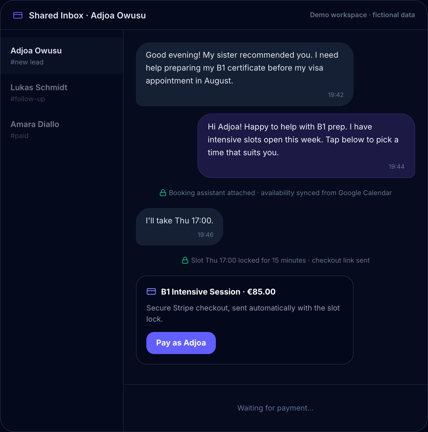 Once a slot is picked, it locks and a Stripe checkout card appears in the same WhatsApp thread